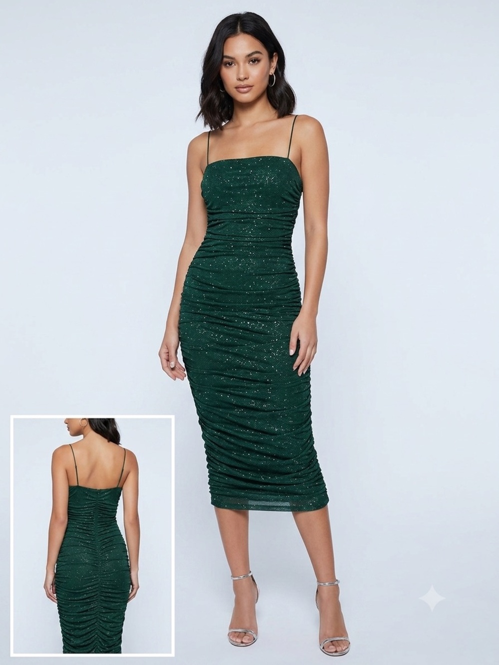 B Darlin Emerald Sparkle Ruched Midi Dress with Spaghetti Straps